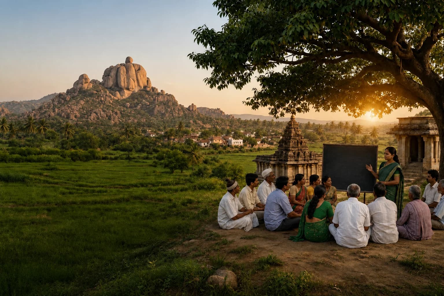 Villagers seated together at a gram sabha under a tree, a facilitator presenting at a blackboard reading “our village, our responsibility”, with a stone temple and paddy fields behind.