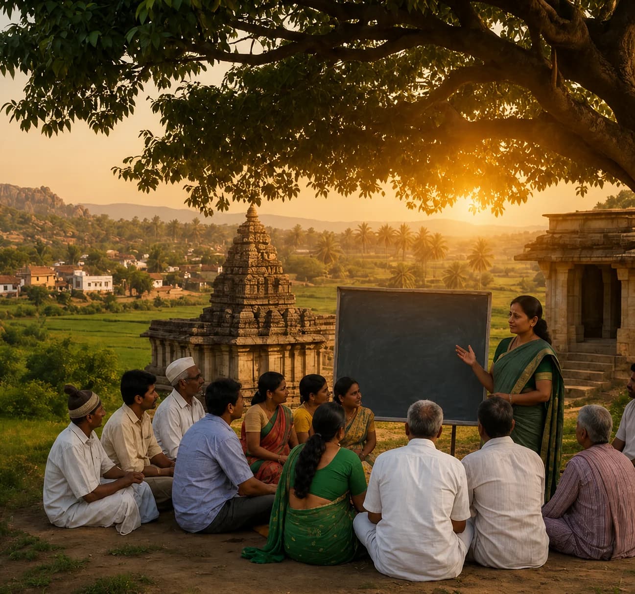 Village residents gathered around a community noticeboard, discussing local development work.