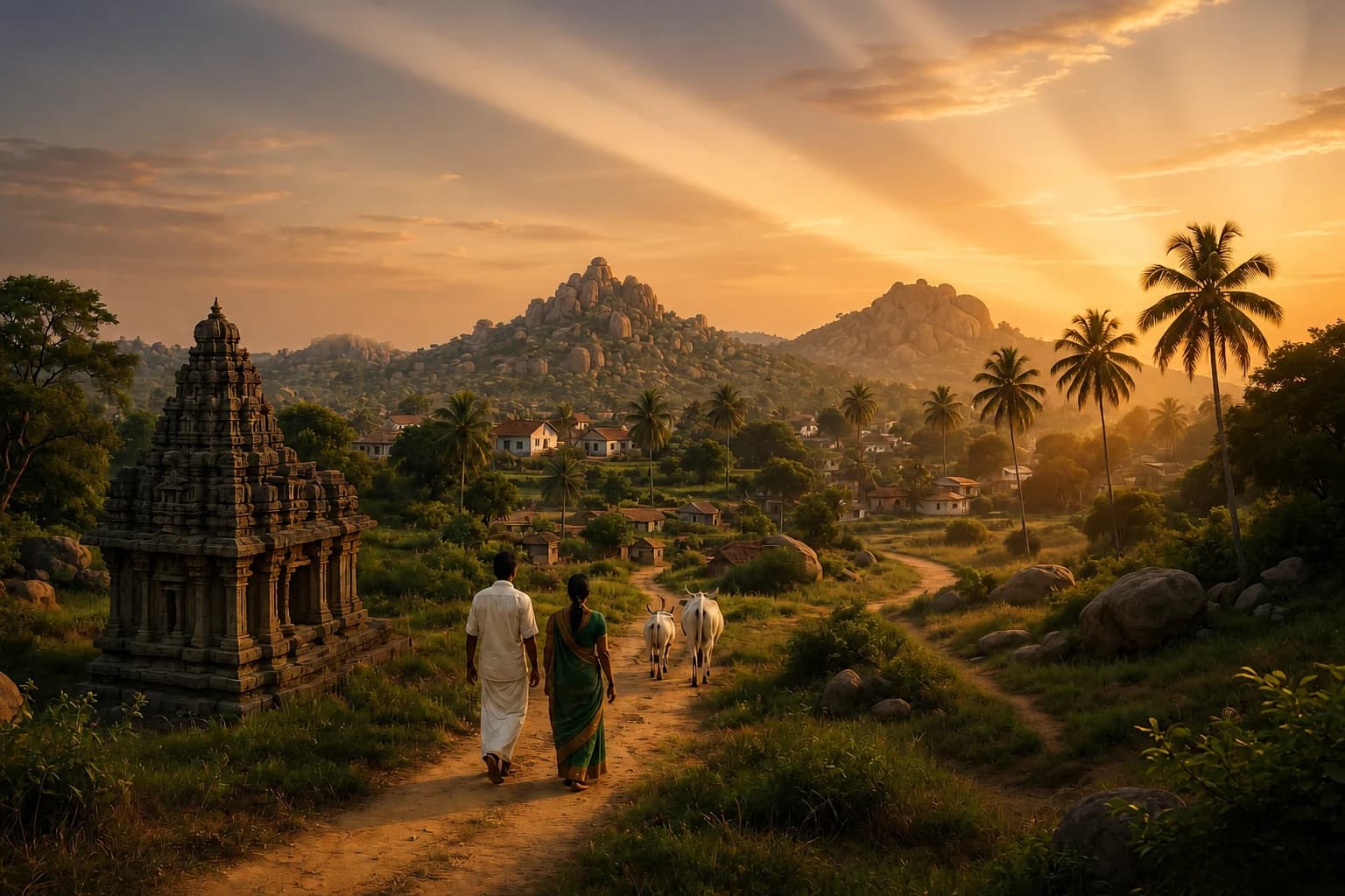 Villagers walking home along a path past temple ruins as the sun sets over the fields.
